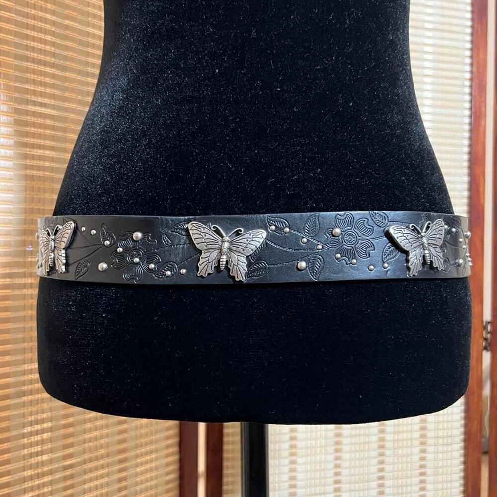 Y2K Black Butterfly Embossed Floral Belt Size S